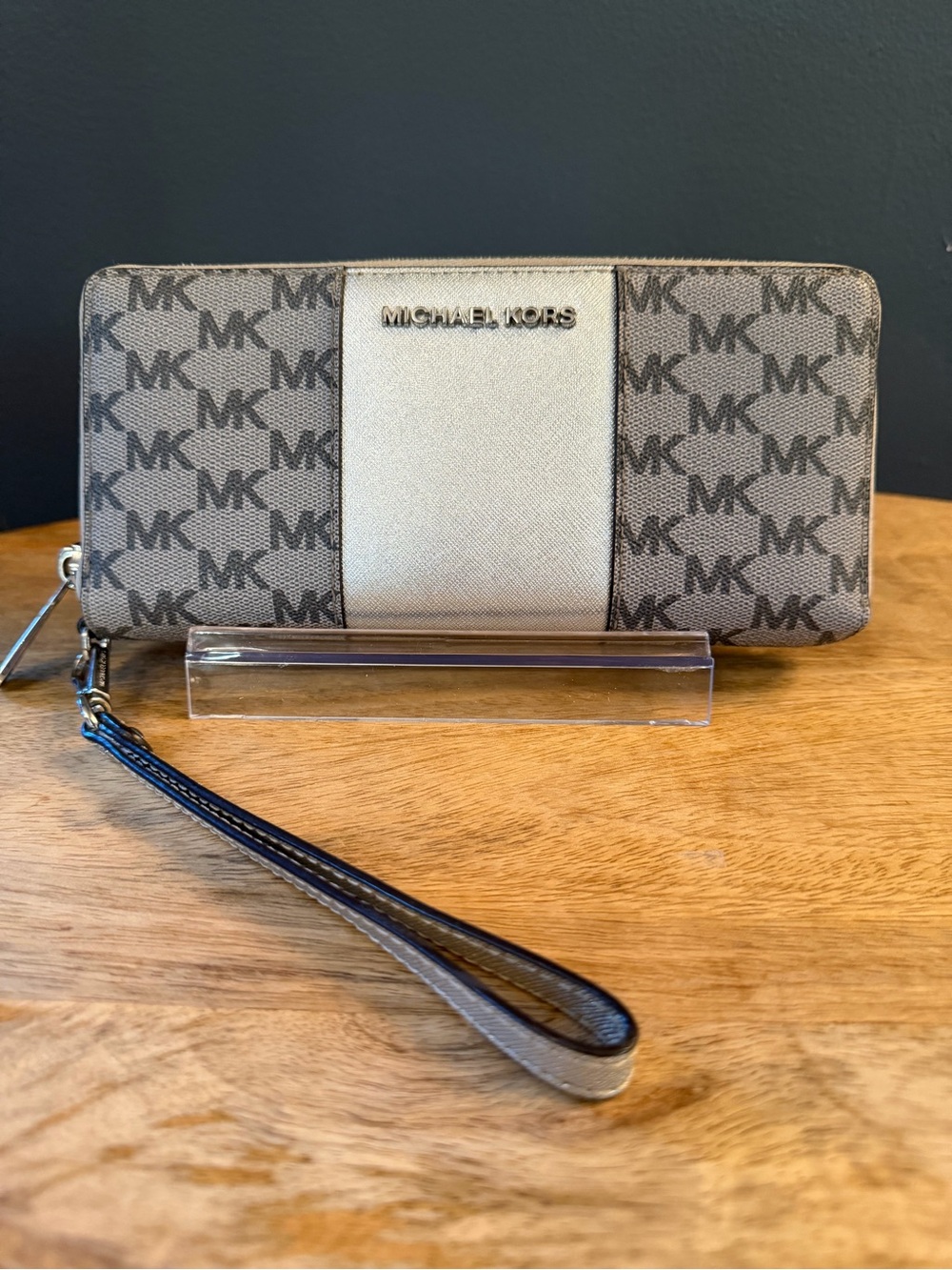 Michael Kors Silver/Gray Logo Zip-Around Wristlet Wallet